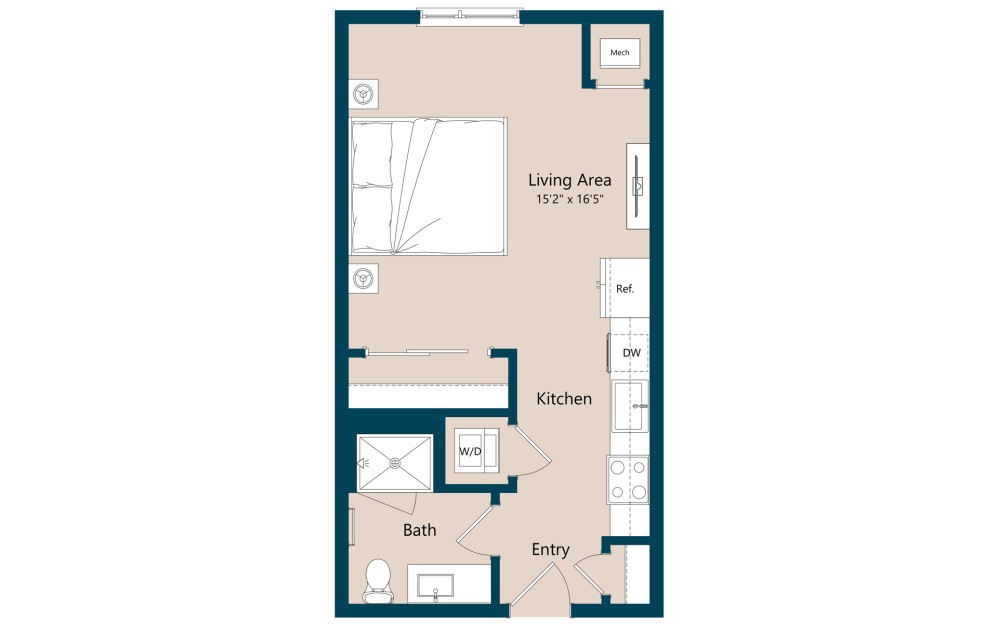 S1 - Studio floorplan layout with 1 bathroom and 482 square feet