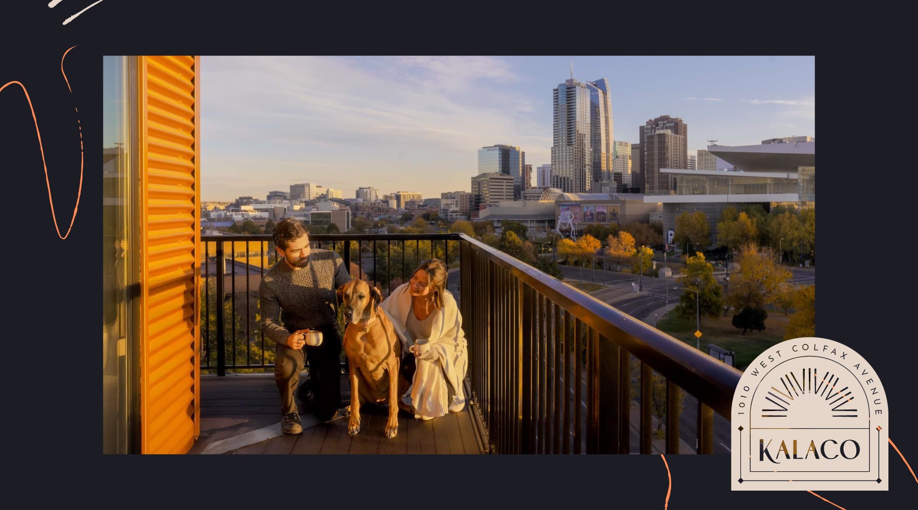 Skyline views from the Kalaco Apartments with a couple and a dog on a patio